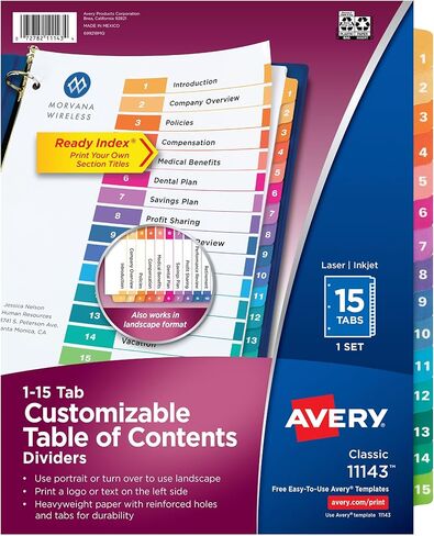 Avery 15 Tab Dividers for 3 Ring Binders, Customizable Table of Contents, Multicolor Tabs, 6 Sets (11197) in Kuwait