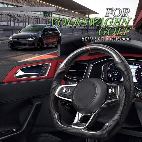 عجلة قيادة من ألياف الكربون الحقيقية لسيارة Volkswagen VW Golf GTI R-LINE MK7 MK7.5 2015-2021، Jetta GLI 16-21، استبدال المقبض الرياضي بخياطة حمراء بنمط المسار، متوافقة مع السيارات والدليل in Kuwait