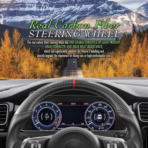 عجلة قيادة من ألياف الكربون الحقيقية لسيارة Volkswagen VW Golf GTI R-LINE MK7 MK7.5 2015-2021، Jetta GLI 16-21، استبدال المقبض الرياضي بخياطة حمراء بنمط المسار، متوافقة مع السيارات والدليل in Kuwait
