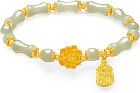 Sterling Silver Bracelet Silver Green Jasper Lotus Lucky Plate Charm Bracelet Bamboo Beaded Stretch Bracelet for Women Mom Daughter Lover Anniversary Birthday 6.7" Y1914985 in Saudi Arabia