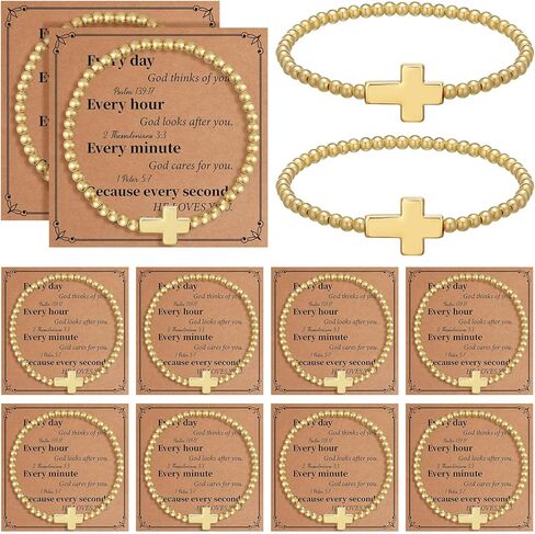 12 Sets Christian Cross Bless Cross Bracelets for Women Beaded Stretch Bracelets with Inspirational Card and Opp Bags Bulk Religious Bracelet for Baptism Church Funerals(Gold,Classic) in Saudi Arabia
