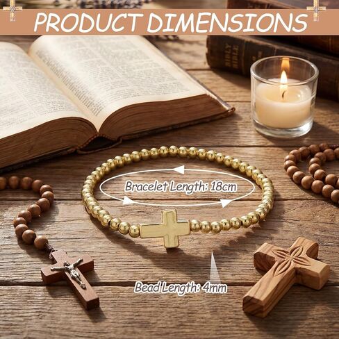 12 Sets Christian Cross Bless Cross Bracelets for Women Beaded Stretch Bracelets with Inspirational Card and Opp Bags Bulk Religious Bracelet for Baptism Church Funerals(Gold,Classic) in Saudi Arabia