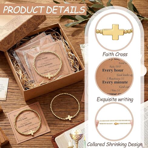 12 Sets Christian Cross Bless Cross Bracelets for Women Beaded Stretch Bracelets with Inspirational Card and Opp Bags Bulk Religious Bracelet for Baptism Church Funerals(Gold,Classic) in Saudi Arabia