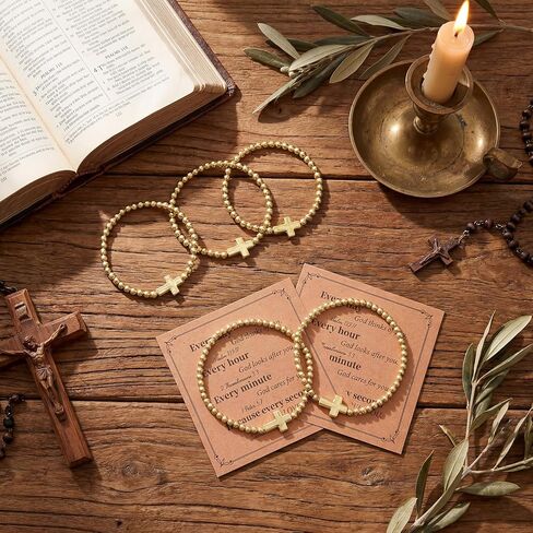 12 Sets Christian Cross Bless Cross Bracelets for Women Beaded Stretch Bracelets with Inspirational Card and Opp Bags Bulk Religious Bracelet for Baptism Church Funerals(Gold,Classic) in Saudi Arabia