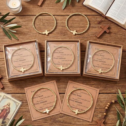 12 Sets Christian Cross Bless Cross Bracelets for Women Beaded Stretch Bracelets with Inspirational Card and Opp Bags Bulk Religious Bracelet for Baptism Church Funerals(Gold,Classic) in Saudi Arabia