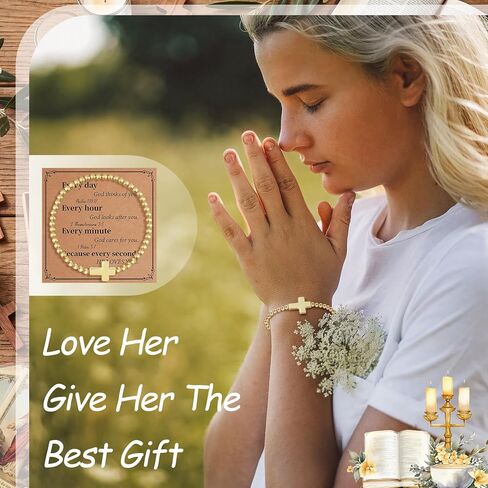 12 Sets Christian Cross Bless Cross Bracelets for Women Beaded Stretch Bracelets with Inspirational Card and Opp Bags Bulk Religious Bracelet for Baptism Church Funerals(Gold,Classic) in Saudi Arabia
