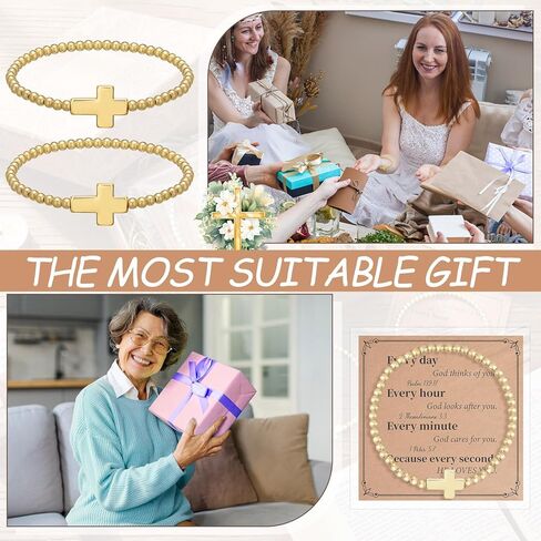 12 Sets Christian Cross Bless Cross Bracelets for Women Beaded Stretch Bracelets with Inspirational Card and Opp Bags Bulk Religious Bracelet for Baptism Church Funerals(Gold,Classic) in Saudi Arabia