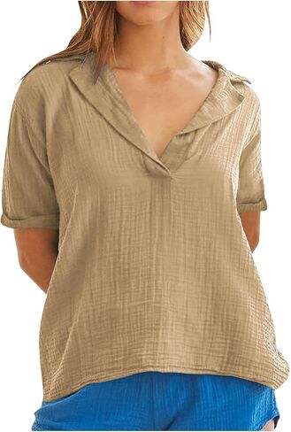 SHOPESSA Women's Plus Size Cotton Linen Shirt Summer Beach Short Sleeve Blouse Loose Fit Casual Beach Vacation V Neck Shirts in Saudi Arabia