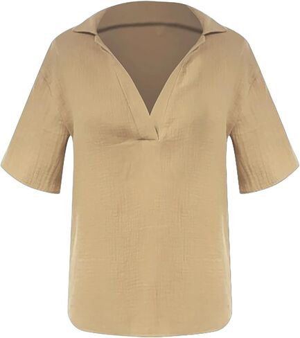 SHOPESSA Women's Plus Size Cotton Linen Shirt Summer Beach Short Sleeve Blouse Loose Fit Casual Beach Vacation V Neck Shirts in Saudi Arabia