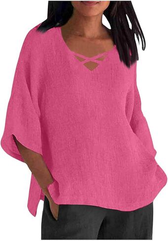Womens Oversized Linen Shirt Plus Size Fashion 2026 V Neck Blouse Loose Fit Half Sleeve Casual Hollow Out Summer Tops in Saudi Arabia