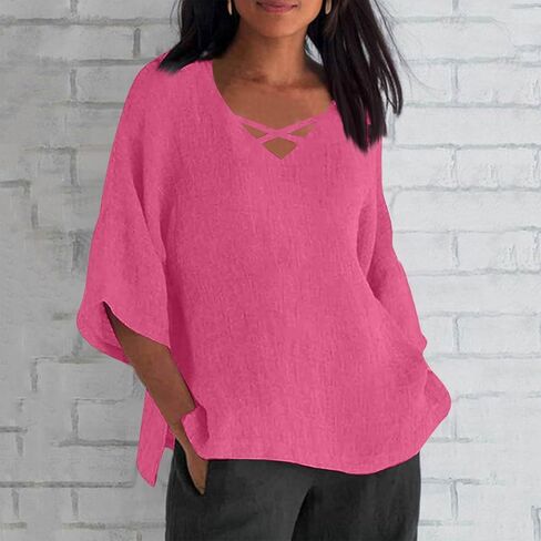 Womens Oversized Linen Shirt Plus Size Fashion 2026 V Neck Blouse Loose Fit Half Sleeve Casual Hollow Out Summer Tops in Saudi Arabia
