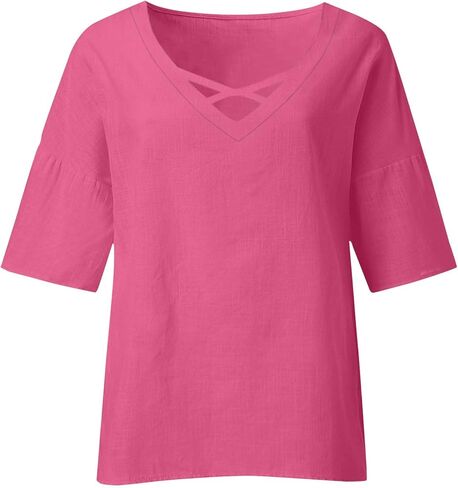 Womens Oversized Linen Shirt Plus Size Fashion 2026 V Neck Blouse Loose Fit Half Sleeve Casual Hollow Out Summer Tops in Saudi Arabia