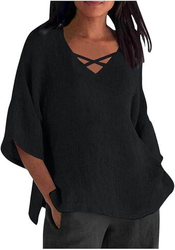 Womens Oversized Linen Shirt Plus Size Fashion 2026 V Neck Blouse Loose Fit Half Sleeve Casual Hollow Out Summer Tops in Saudi Arabia