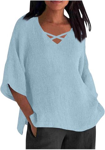 Womens Oversized Linen Shirt Plus Size Fashion 2026 V Neck Blouse Loose Fit Half Sleeve Casual Hollow Out Summer Tops in Saudi Arabia