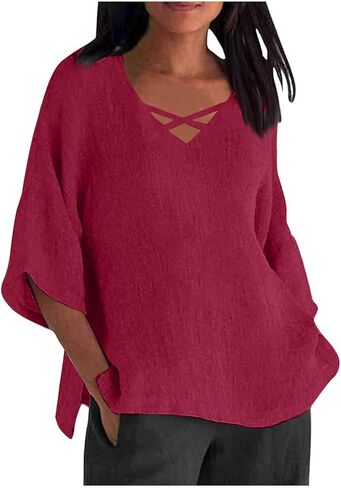 Womens Oversized Linen Shirt Plus Size Fashion 2026 V Neck Blouse Loose Fit Half Sleeve Casual Hollow Out Summer Tops in Saudi Arabia