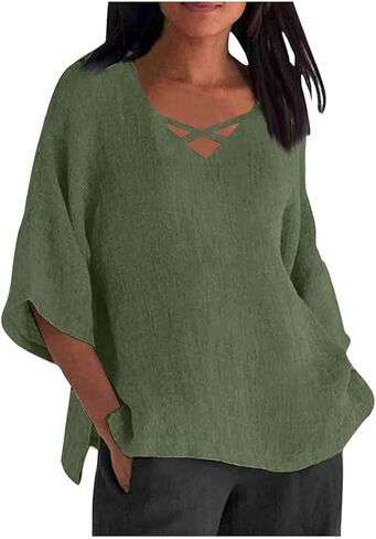 Womens Oversized Linen Shirt Plus Size Fashion 2026 V Neck Blouse Loose Fit Half Sleeve Casual Hollow Out Summer Tops in Saudi Arabia