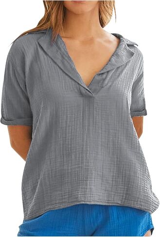 SHOPESSA Women's Plus Size Cotton Linen Shirt Summer Beach Short Sleeve Blouse Loose Fit Casual Beach Vacation V Neck Shirts in Saudi Arabia