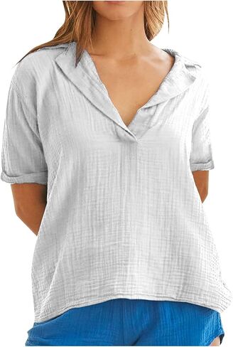 SHOPESSA Women's Plus Size Cotton Linen Shirt Summer Beach Short Sleeve Blouse Loose Fit Casual Beach Vacation V Neck Shirts in Saudi Arabia