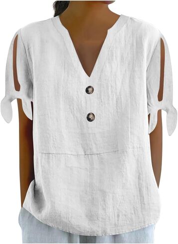 Cotton Linen Shirts for Women Cold Shoulder Knot Short Sleeve V Neck Tops Button Business Beach Vacation Blouses in Saudi Arabia