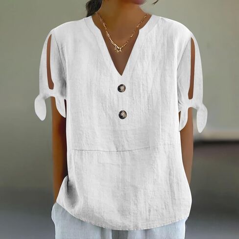 Cotton Linen Shirts for Women Cold Shoulder Knot Short Sleeve V Neck Tops Button Business Beach Vacation Blouses in Saudi Arabia