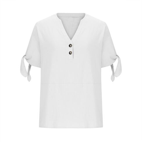Cotton Linen Shirts for Women Cold Shoulder Knot Short Sleeve V Neck Tops Button Business Beach Vacation Blouses in Saudi Arabia