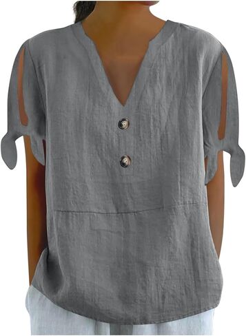 Cotton Linen Shirts for Women Cold Shoulder Knot Short Sleeve V Neck Tops Button Business Beach Vacation Blouses in Saudi Arabia