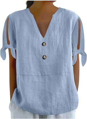 Cotton Linen Shirts for Women Cold Shoulder Knot Short Sleeve V Neck Tops Button Business Beach Vacation Blouses in Saudi Arabia