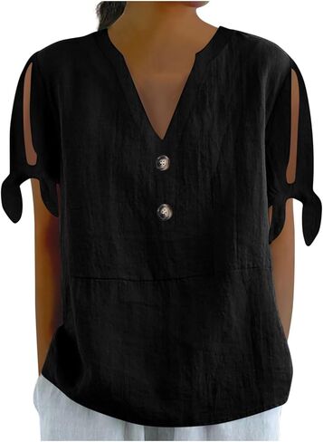 Cotton Linen Shirts for Women Cold Shoulder Knot Short Sleeve V Neck Tops Button Business Beach Vacation Blouses in Saudi Arabia