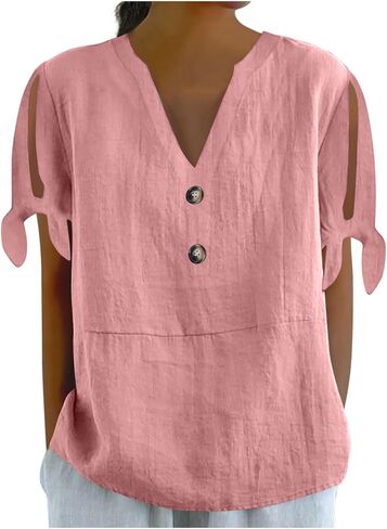 Cotton Linen Shirts for Women Cold Shoulder Knot Short Sleeve V Neck Tops Button Business Beach Vacation Blouses in Saudi Arabia