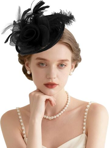 قبعات AMCAMI Fascinators مع ريش للنساء 2026 قبعات ديربي قبعة حفلات الشاي مع عصابة رأس ومشبك in Kuwait