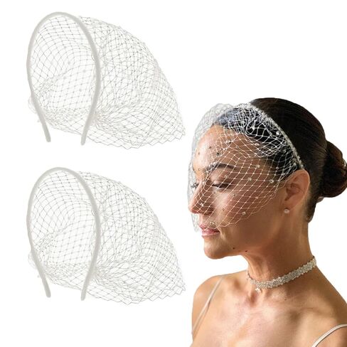 Qiansail 2Pcs Mesh Veil Headband Bridal Lace Veil Fascinator with Rhinestone Headpiece Wedding Hair Accessories for Women (White, One Size) in Saudi Arabia