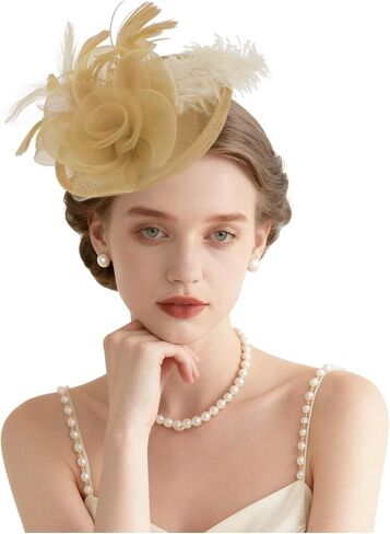 قبعات AMCAMI Fascinators مع ريش للنساء 2026 قبعات ديربي قبعة حفلات الشاي مع عصابة رأس ومشبك in Kuwait