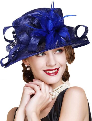 Wedding Bridal Derby Bowler Hats for Women Ladies with Feather Cocktail Tea Party Dress Fedoras Sinamay Fascinators Hat Royal Blue in Saudi Arabia