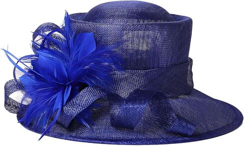 Wedding Bridal Derby Bowler Hats for Women Ladies with Feather Cocktail Tea Party Dress Fedoras Sinamay Fascinators Hat Royal Blue in Saudi Arabia