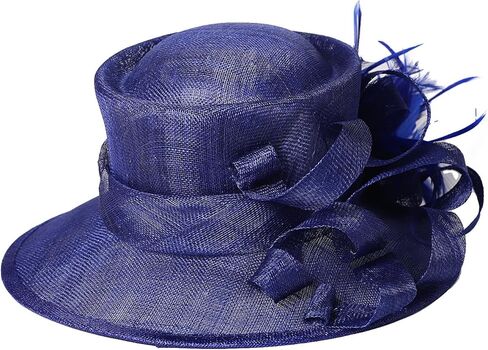 Wedding Bridal Derby Bowler Hats for Women Ladies with Feather Cocktail Tea Party Dress Fedoras Sinamay Fascinators Hat Royal Blue in Saudi Arabia