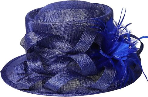 Wedding Bridal Derby Bowler Hats for Women Ladies with Feather Cocktail Tea Party Dress Fedoras Sinamay Fascinators Hat Royal Blue in Saudi Arabia