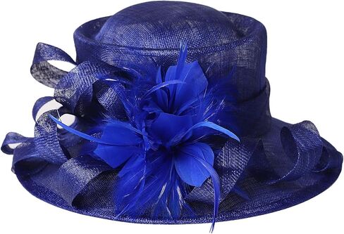 Wedding Bridal Derby Bowler Hats for Women Ladies with Feather Cocktail Tea Party Dress Fedoras Sinamay Fascinators Hat Royal Blue in Saudi Arabia