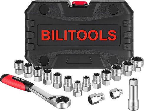 BILITOOLS 17-Piece Pass Through Socket Set, 3/8" & 1/2" Drive Pass Thru Spline Socket & Ratchet Set Go Through Design Metric/SAE 10-24mm in Kuwait