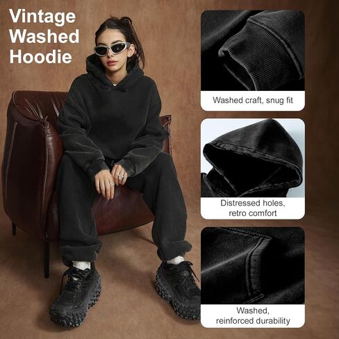 Heavyweight Fleece Oversized Hoodie for Men and Women, Vintage Acid Wash Pullover Sweatshirt in Saudi Arabia