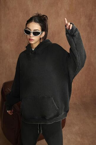 Heavyweight Fleece Oversized Hoodie for Men and Women, Vintage Acid Wash Pullover Sweatshirt in Saudi Arabia