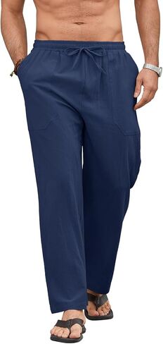 Men Linen Drawstring Pants Casual Summer Cotton Trousers Lightweight Breathable Straight Leg Vocation Beach Lounge Wear in Saudi Arabia