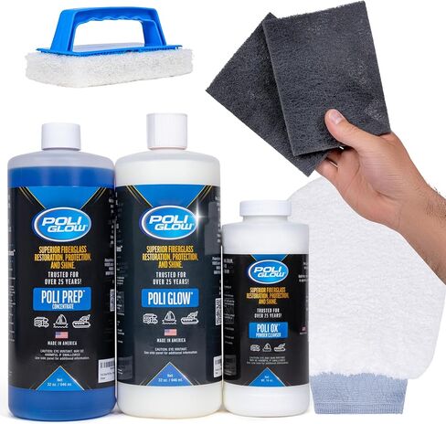 مجموعة Poli Glow Deluxe - مرمم كامل للألياف الزجاجية. للقوارب والمركبات الترفيهية والمزيد. يزيل البقع الصعبة والأكسدة. كل ما يلزم لقارب أو عربة سكن متنقلة بطول 25 قدمًا. in Kuwait