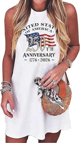 فساتين بدون أكمام تحمل العلم الأمريكي للنساء بعلم الولايات المتحدة الأمريكية بنجوم وخطوط وطنية في الرابع من يوليو، فساتين قصيرة للشاطئ in Kuwait