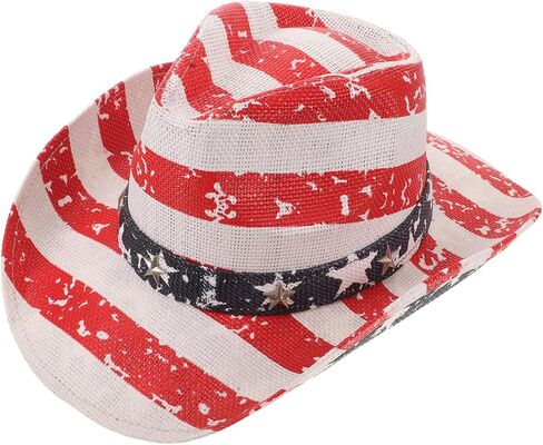Patriotic American Flag Cowboy Hat Straw Fedora USA Western Hat for Men and Women Fourth of July Festival Size M 56-58cm Multi in Kuwait