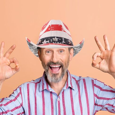 Patriotic American Flag Cowboy Hat Straw Fedora USA Western Hat for Men and Women Fourth of July Festival Size M 56-58cm Multi in Kuwait