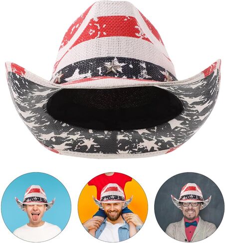 Patriotic American Flag Cowboy Hat Straw Fedora USA Western Hat for Men and Women Fourth of July Festival Size M 56-58cm Multi in Kuwait