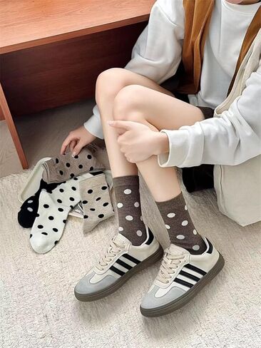 5 Pairs Women's Crew Socks Cute Polka Dot Pattern High Ankle Cotton Socks for Casual Daily Wear in Saudi Arabia