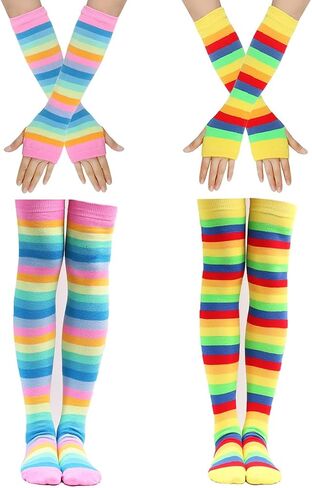 2 قطعة الفتيات النساء تأثيري قوس قزح مخطط جوارب طويلة إلى الركب جوارب الساق الذراع أدفأ أصابع قفازات مجموعة in Kuwait