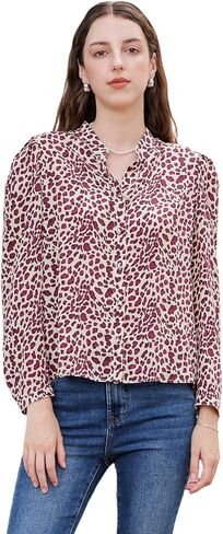 100% Silk Blouses for Women Button Down Shirt Mulberry Silk Dressy Casual Tops Puff Long Sleeve Leopard Print Blouse in Saudi Arabia