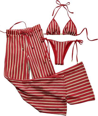 طقم بيكيني نسائي من Verdusa مكون من 3 قطع من البكيني المخطط ذو الرسن الكروشيه مع بنطال مغطى in Kuwait